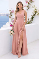 A-Line/Princess V-Neck Split Side Long Bridesmaid Dresses with Pockets
