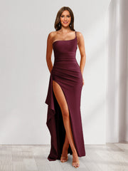 Sheath/Column One-Shoulder Pleated Ruffle Bridesmaid Dresses with Split Side Burgundy