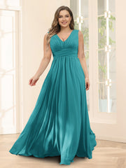 A-Line V-Neck Sleeveless Chiffon Plus Size Bridesmaid Dresses With Pockets Aqua Blue
