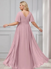 A-Line/Princess V-Neck Half Sleeves Chiffon Plus Size Bridesmaid Dresses with Pockets
