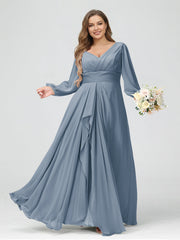 A-Line/Princess V-Neck Long Sleeves Chiffon Ruffles Plus Size Bridesmaid Dresses with Pockets Dusty Blue