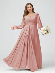 A-Line/Princess V-Neck Long Sleeves Chiffon Ruffles Plus Size Bridesmaid Dresses with Pockets Dusty Rose