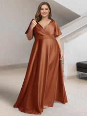 A-Line/Princess V-Neck Short Sleeves Silk Satin Plus Size Bridesmaid Dresses with Pockets Burnt Orange