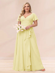 A-Line/Princess V-Neck Long Plus size Bridesmaid Dresses with Ruffles Canary