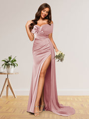 Sheath/Column Off-the-Shoulder Long Formal Dresses with Split Side & Ruched Dusty Rose