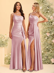 Sheath/Column One-Shoulder Long Bridesmaid Dresses with Split Side Dusty Rose