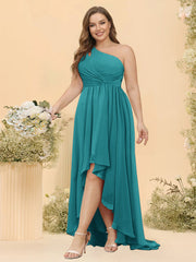 A-line/Princess One-The-Shoulder Asymmetrical Long Plus Size Bridesmaid dresses Aqua Blue
