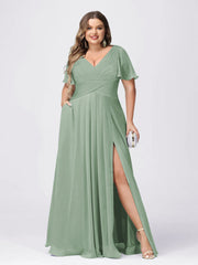 A Line/Princess V-Neck Short Sleeves Plus Size Bridesmaid Dresses with Split Side Sage