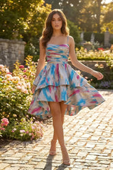 Abstract Metallic Print Layered Homecoming Dresses Mini Cocktail Dress