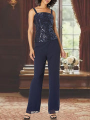 Ankle-Length 3-Piece Chiffon Pantsuit With Square Neck And Applique For Mother Of The Bride