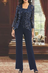 Ankle-Length 3-Piece Chiffon Pantsuit With Square Neck And Applique For Mother Of The Bride