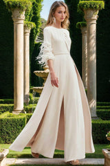 Ankle-Length Mother of the Bride Feather-Adorned Pantsuits with Jewel Neck and Half Sleeves