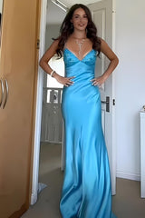 Dressystars Aqua Blue Spaghetti Strap Long Satin Prom Dress With Lace Bodice Formal Evening Gown
