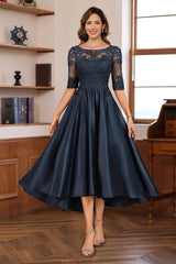 Asymmetrical A-Line Princess Gown with Scoop Neck Half Sleeves and Lace Appliques for Mothers of the Bride & Groom