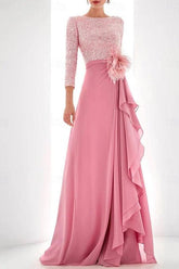 Asymmetrical A-Line Princess Jewel Neck Gown with Long Sleeves Sequin Feather and Pearl Details
