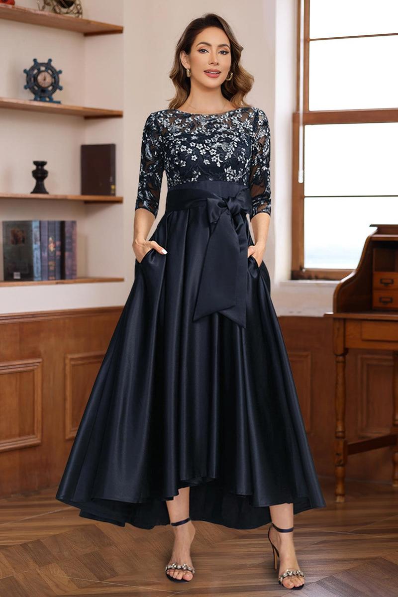 Asymmetrical Lace A-Line Dress with 3/4 Sleeves Appliques & Bow Belt f Dressystars Asymmetrical Lace A-Line Dress with 3/4 Sleeves Appliques & Bow Belt f Dressystars