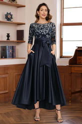 Asymmetrical Lace A-Line Dress with 3/4 Sleeves Appliques & Bow Belt for Mother of the Bride or Groom