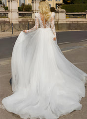Asymmetrical Lace Long Sleeves Wedding Dress with Panel Train