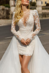 Asymmetrical Lace Long Sleeves Wedding Dress with Panel Train