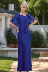 Asymmetrical Ruffle Chiffon Floor-Length Mother of the Bride Dress with Short Sleeves