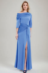 Asymmetrical Sheath/Column Gown with Draped Neckline 3/4 Sleeves and Floor-Length Pleated Chiffon Design Featuring a Slit