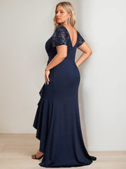 Asymmetrical V-Neck Short Sleeve Sheath Dress for Plus Size Mother of the Bride with Sequins