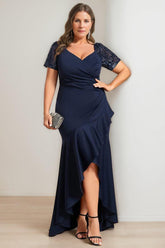 Asymmetrical V-Neck Short Sleeve Sheath Dress for Plus Size Mother of the Bride with Sequins