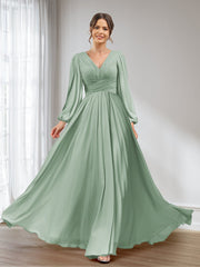 A-Line/Princess V-Neck Long Sleeves Chiffon Long Bridesmaid Dresses With Pockets Sage