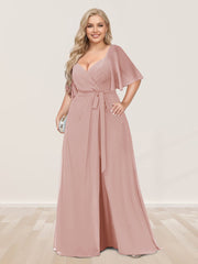 A-Line/Princess V-Neck Half Sleeves Plus Size Bridesmaid Dresses with Split Side Dusty Rose