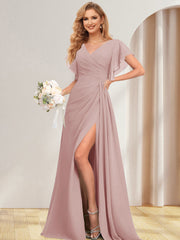 A-Line/Princess V-Neck Long Bridesmaid Dresses with Split Side Dusty Rose