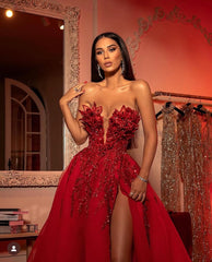 A Line Prom Dress Sweetheart Tulle Long Evening Dress with Sequined Lace Appliques