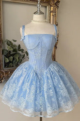 Baby Blue Lace Corset Ball Gown Homecoming Dress with Bow Straps