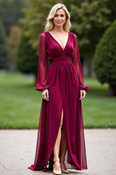 Backless Long Burgundy Wedding Guest Dress V-Neck Chiffon Formal Dress With Slit