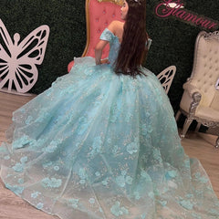 Ball Gown Off Shoulder Beaded 3D Flower Appliques Ruffles Lake Blue Tulle Princess Gown Quinceanera Dress For Sweet 16 Dress