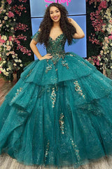 Ball Gown Off Shoulder Gold Appliques Beaded Tiered Ruffles Emerald Green Tulle Quinceanera Dress Formal Evening Party Gown For Sweet 16