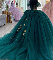 Ball Gown Off Shoulder Puffy Sleeves Flower Lace Appliques Emerald Green Tulle Princess Gown Quinceanera Dress For Sweet 16