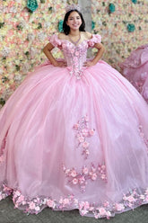 Ball Gown Off Shoulder Ruched Pleated 3D Flowers Appliques Glitter Pink Tulle Quinceanera Dress Princess Birthday Party Dress For Sweet 16