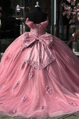 Ball Gown Off Shoulder Sleeveless Appliques Pleates Glitter Pink Tulle Quinceanera Dress Birthday Party Dress For Sweet 16