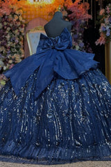 Ball Gown Off Shoulder Sleeveless Beaded 3D Flowers Appliques Bow Knot Shawl Sparkly Dark Navy Tulle Quinceanera Dress Formal Evening Gown Birthday Party Dress For Sweet 16
