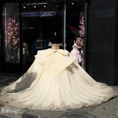 Ball Gown Off Shoulder Sleeveless Beaded Gold Appliques Bow Knots Champagne Tulle Quinceanera Dress Birthday Party Dress Evening Formal Gown For Sweet 16