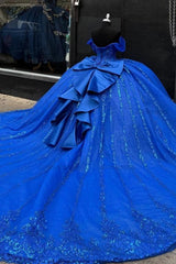 Ball Gown Off Shoulder Sleeveless Beaded Sequins Appliques Bow Knots Sparkly Royal Blue Tulle Quinceanera Dress Formal Evening Dress Birthday Party Dress For Sweet 16