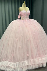 Ball Gown Off Shoulder Sleeveless Crystal Beaded 3D Flowers Glitter Tulle Quinceanera Dress Birthday Party Dress Evening Formal Gown For Sweet 16
