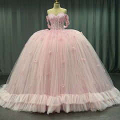 Ball Gown Off Shoulder Sleeveless Crystal Beaded 3D Flowers Glitter Tulle Quinceanera Dress Birthday Party Dress Evening Formal Gown For Sweet 16