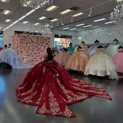 Ball Gown Off Shoulder Sleeveless Gold Sequins Appliques Big Bow Knot Sparkly Burgundy Tulle Quinceanera Dress Birthday Party Dress Evening Formal Gown For Sweet 16