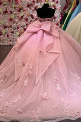 Ball Gown Off Shoulder Sleeveless Pleated 3D Flowers Applique Bow Knot Sparkly Pink Tulle Quinceanera Dress Birthday Party Dress Evening Formal Gown For Sweet 16