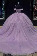 Ball Gown Off Shoulder Sleeveless Pleated 3D Flowers Appliques Sparkly Lilac Tulle Quinceanera Dress Birthday Party Dress Evening Formal Gown For Sweet 16