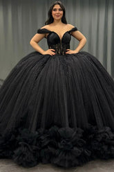 Ball Gown Off Shoulder Sleeveless Pleated Appliques Tiered Sparkly Black Tulle Quinceanera Dress Birthday Party Dress For Sweet 16