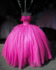 Ball Gown Off Shoulder Sleeveless Pleated Beaded Appliques Lace Up Fuchsia Tulle Quinceanera Dress Birthday Party Dress For Sweet 16