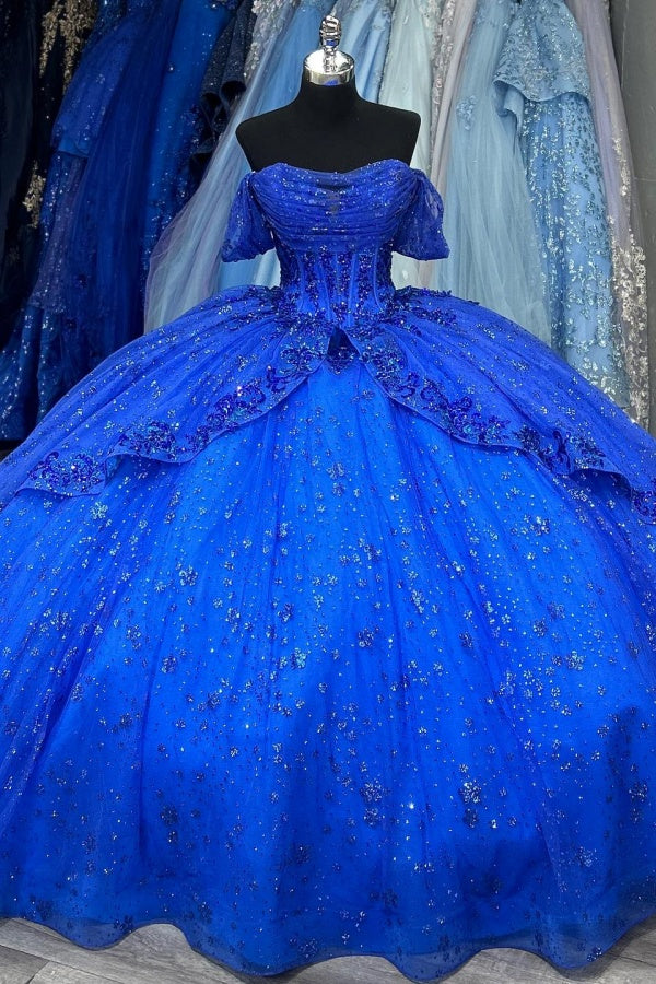 Ball Gown Off Shoulder Sleeveless Pleated Sequins Appliques Glitter Royal Blue Tulle Quinceanera Dress Evening Formal Gown Birthday Party Dress For Sweet 16