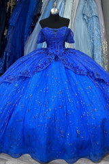 Ball Gown Off Shoulder Sleeveless Pleated Sequins Appliques Glitter Royal Blue Tulle Quinceanera Dress Evening Formal Gown Birthday Party Dress For Sweet 16